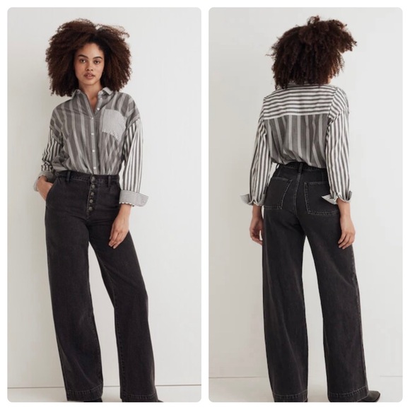 Madewell Cotton Button fly Superwide-Leg Jeans in Washed Black Petite size 31 - Picture 1 of 14